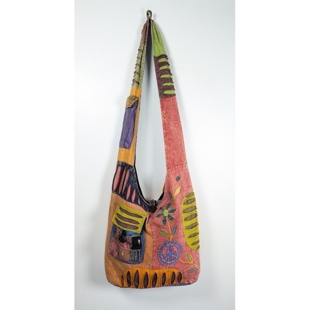 Hobo Patchwork Boho Shoulder Crossbody Bag Peace Sign Embroidered Nepal Festival